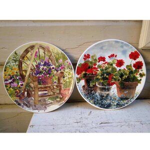 2 Judy Buswell Plates, 3 Planted Red Geraniums, Garden Violets on Chair Plates